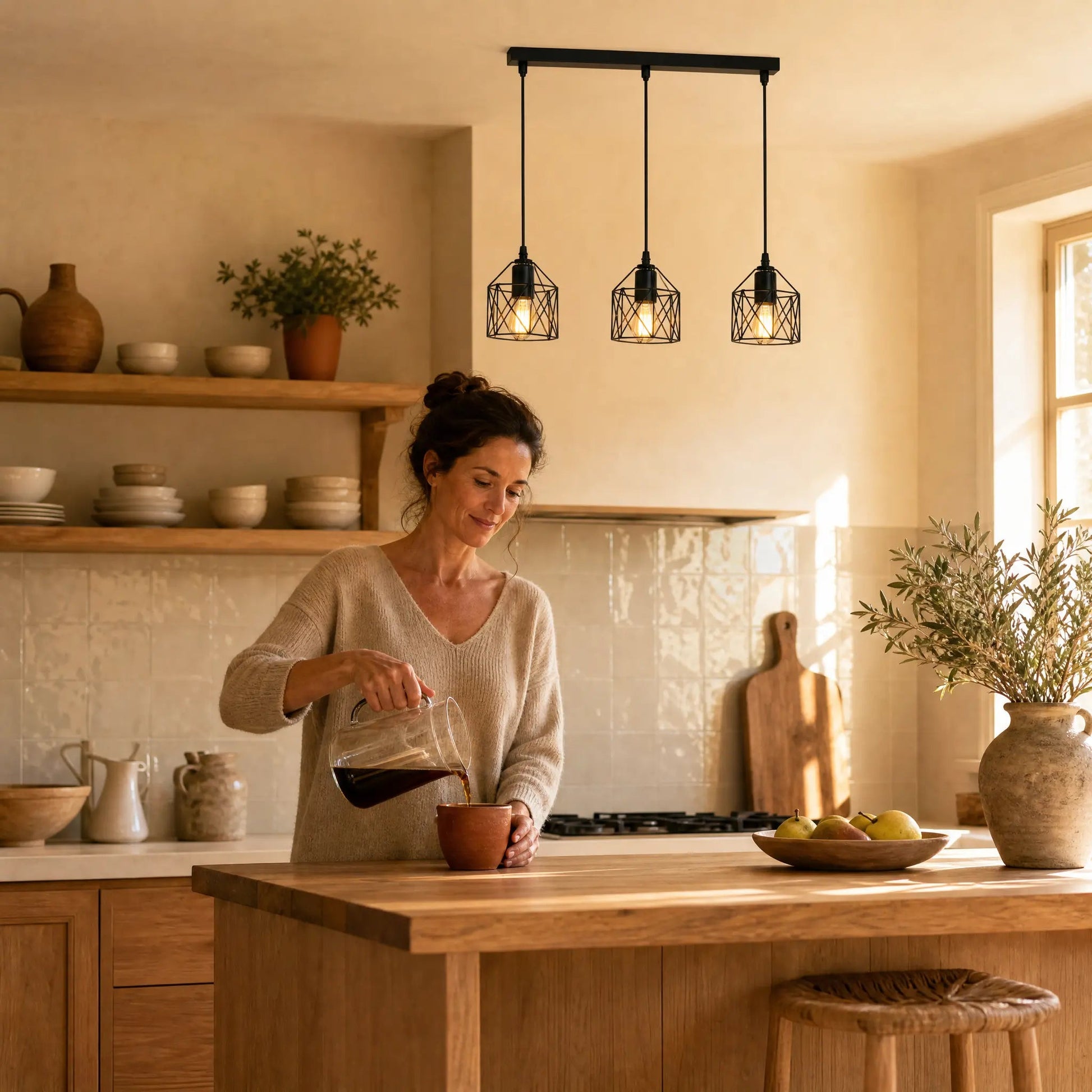 Ullin 3-cage pendant light lit above a kitchen counter in the morning | Wickleigh