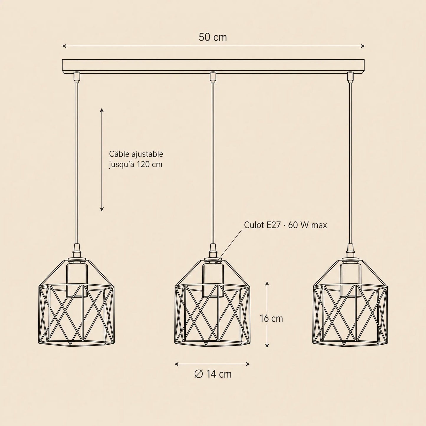 Dimension diagram of the Ullin pendant light, 50 cm bar, cages Ø 14 cm, height 16 cm, cable 120 cm | Wickleigh