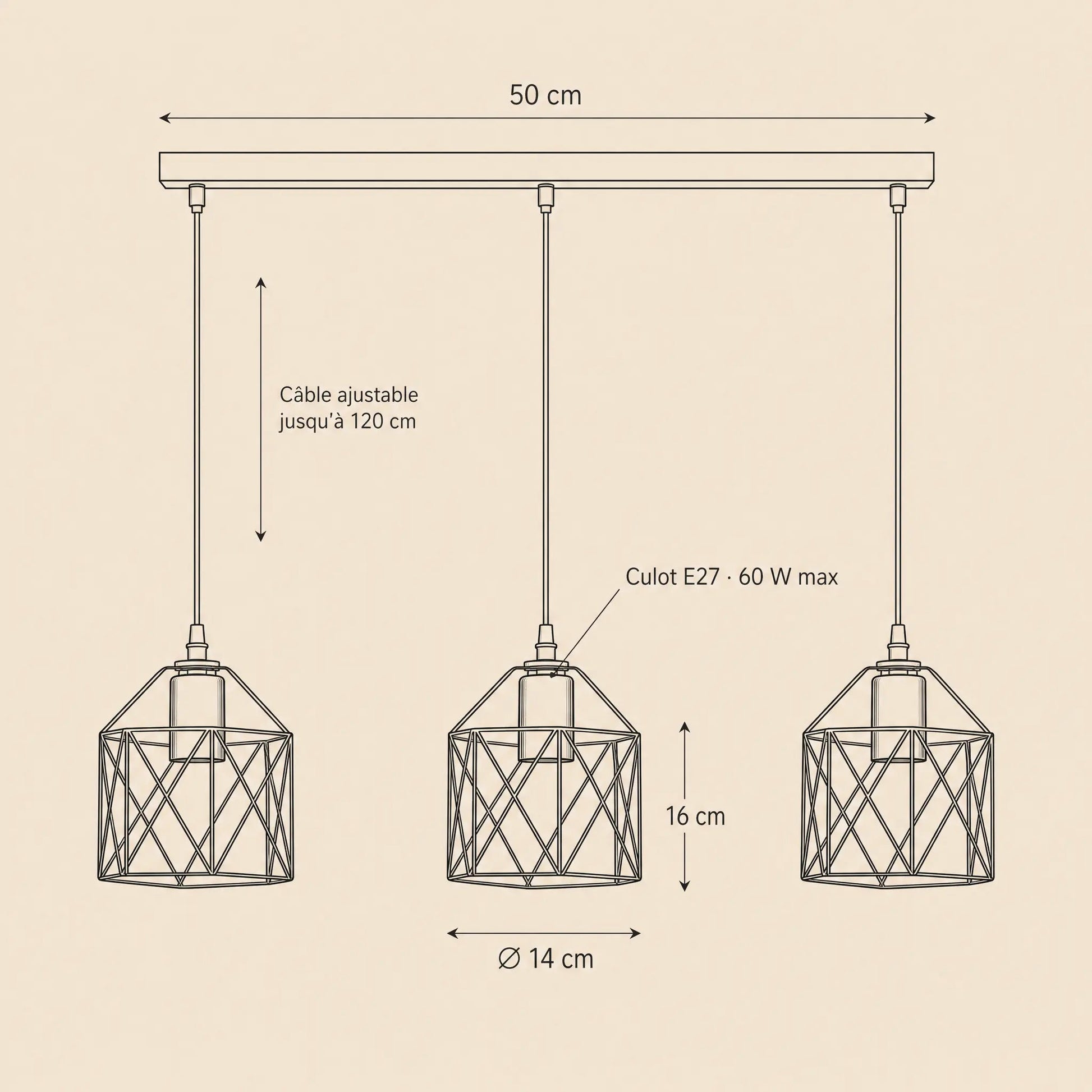 Dimension diagram of the Ullin pendant light, 50 cm bar, cages Ø 14 cm, height 16 cm, cable 120 cm | Wickleigh