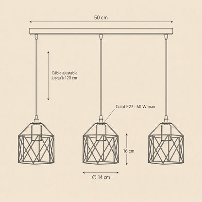 Dimension diagram of the Ullin pendant light, 50 cm bar, cages Ø 14 cm, height 16 cm, cable 120 cm | Wickleigh