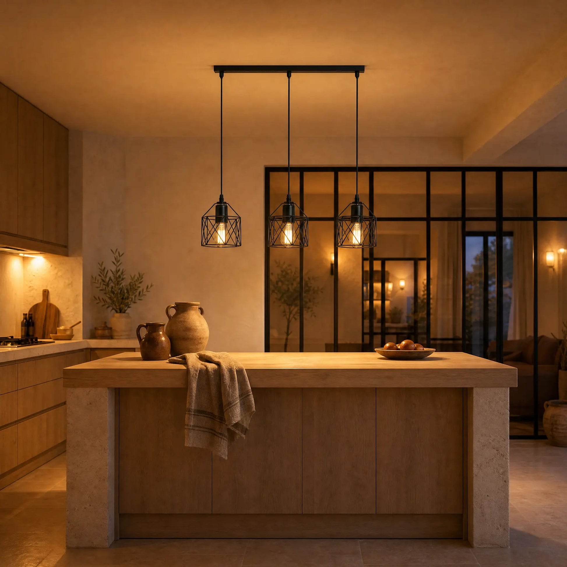 Ullin kitchen pendant light lit above an oak island, workshop-style glazing at dusk | Wickleigh