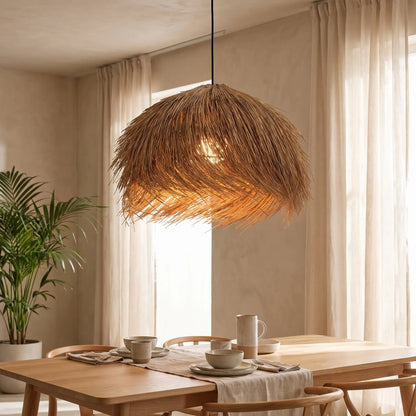 Vadra rattan pendant light, daytime living room scene | Wickleigh