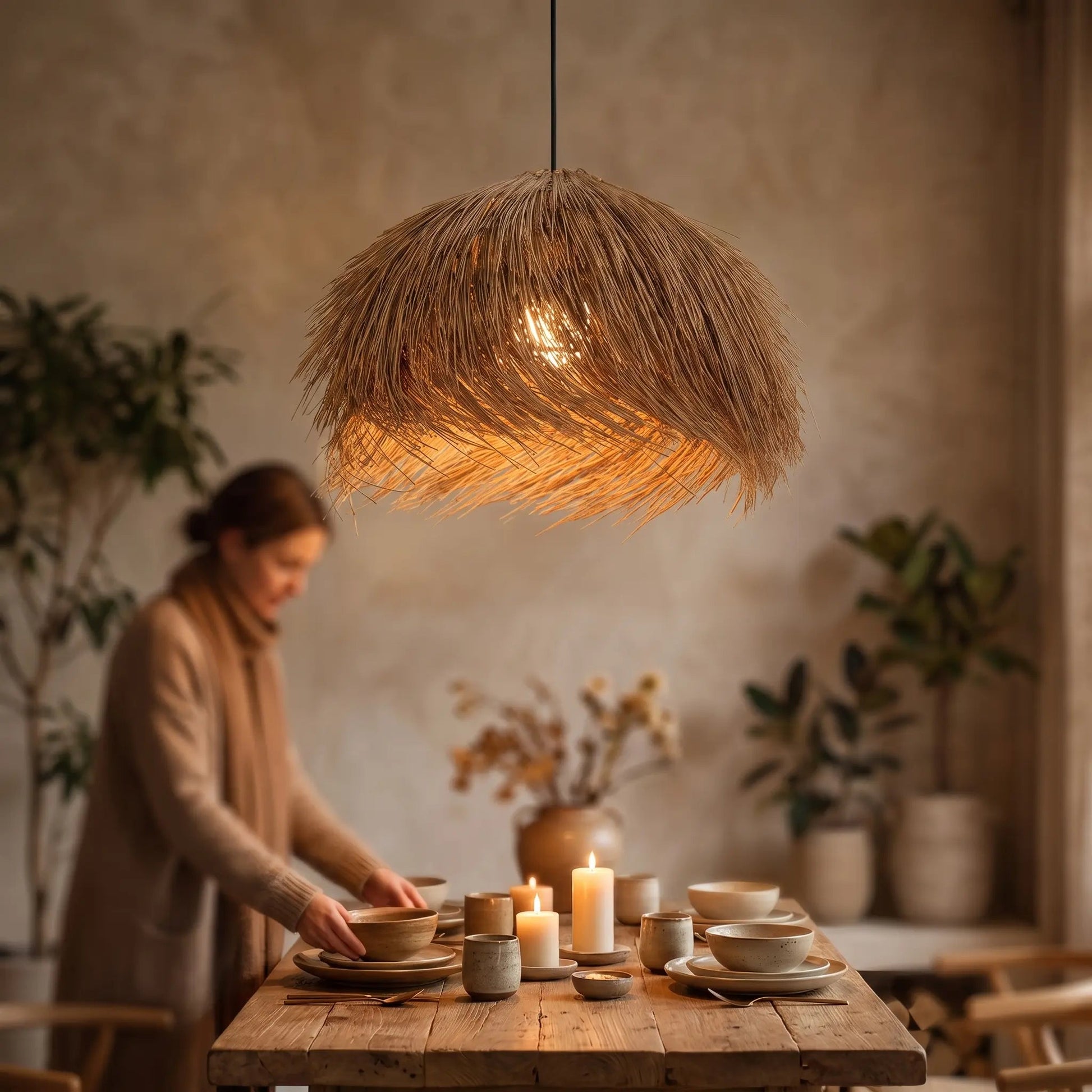 Vadra rattan pendant light, dining room scene | Wickleigh