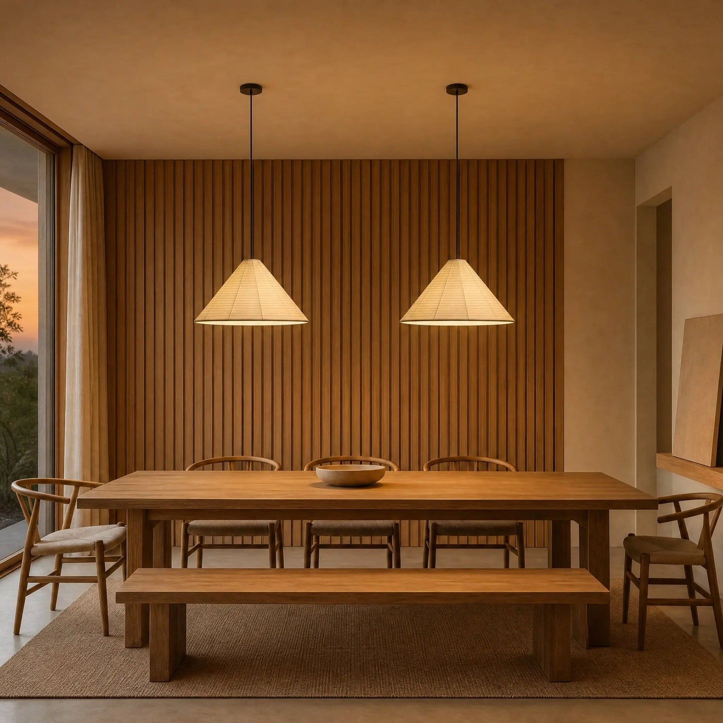 Two Dovra paper pendant lights above a table, pale wood wall | Wickleigh