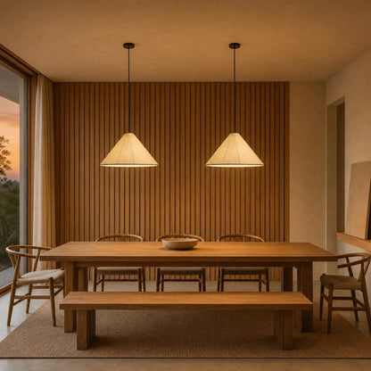Two Dovra paper pendant lights above a table, pale wood wall | Wickleigh