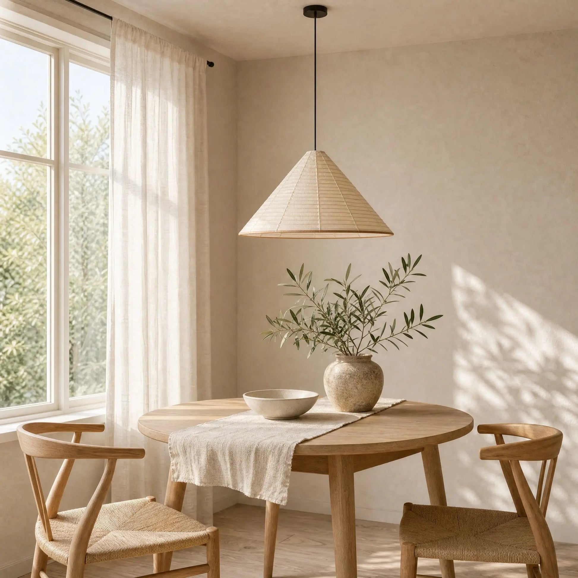 Dovra paper cone pendant light above a bright eating corner | Wickleigh