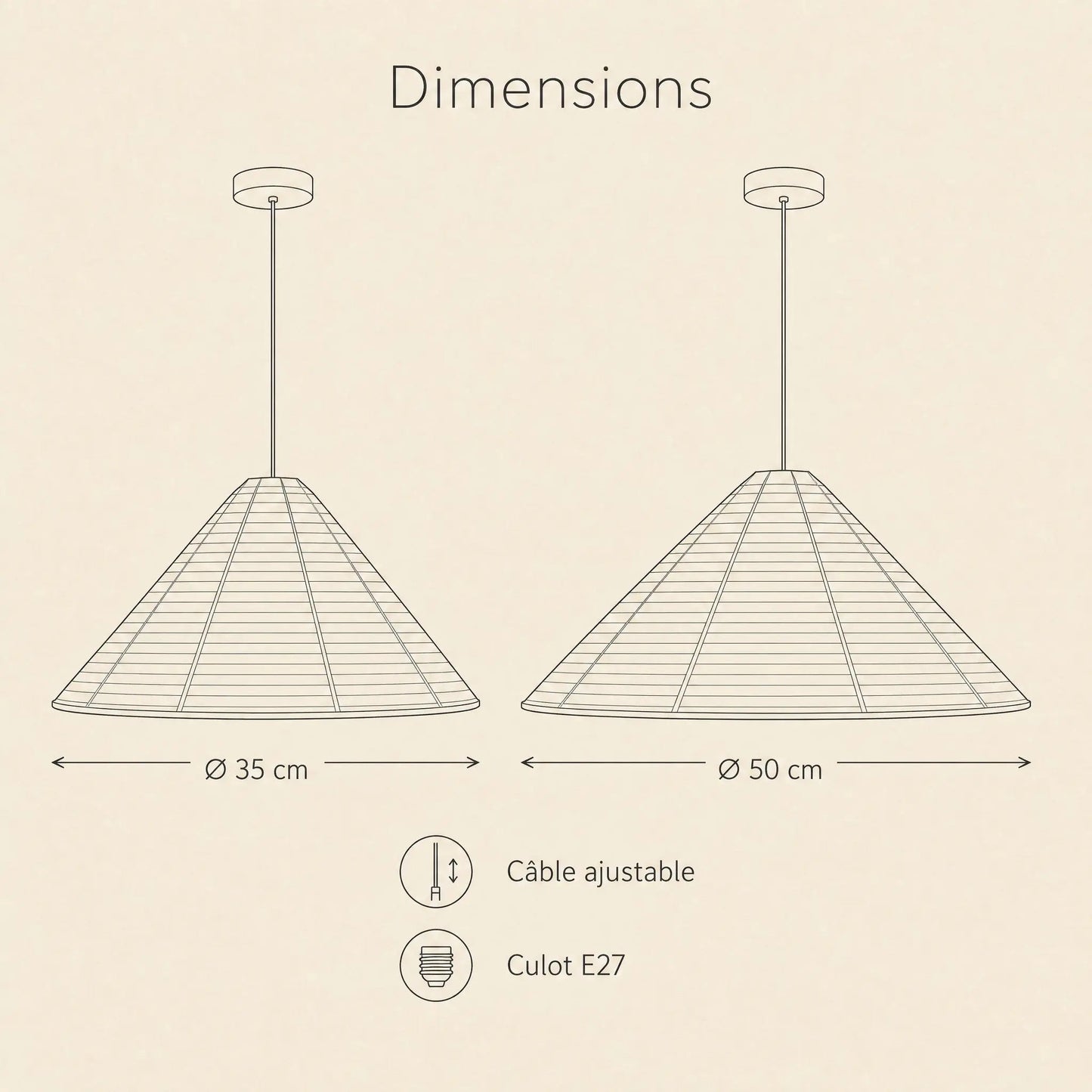 Dimensions of the Dovra paper pendant light, Ø 35 and Ø 50 cm, E27 fitting | Wickleigh