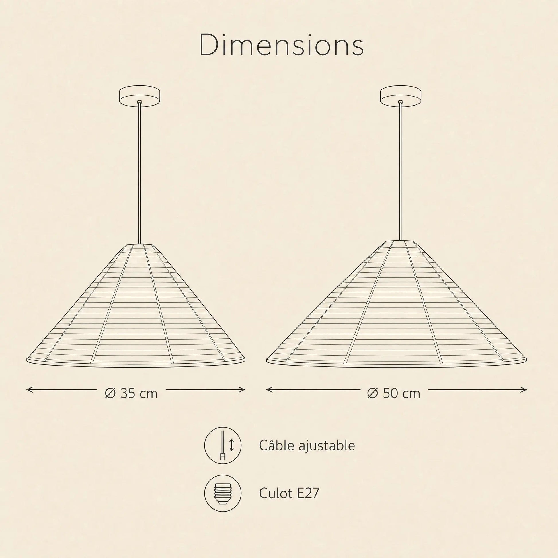 Dimensions of the Dovra paper pendant light, Ø 35 and Ø 50 cm, E27 fitting | Wickleigh