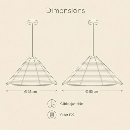 Dimensions of the Dovra paper pendant light, Ø 35 and Ø 50 cm, E27 fitting | Wickleigh