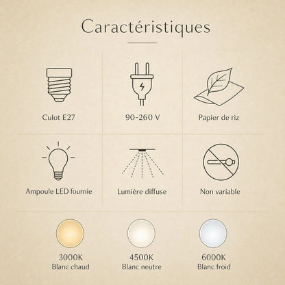 Specifications of the Dovra paper pendant light, light colour temperatures | Wickleigh