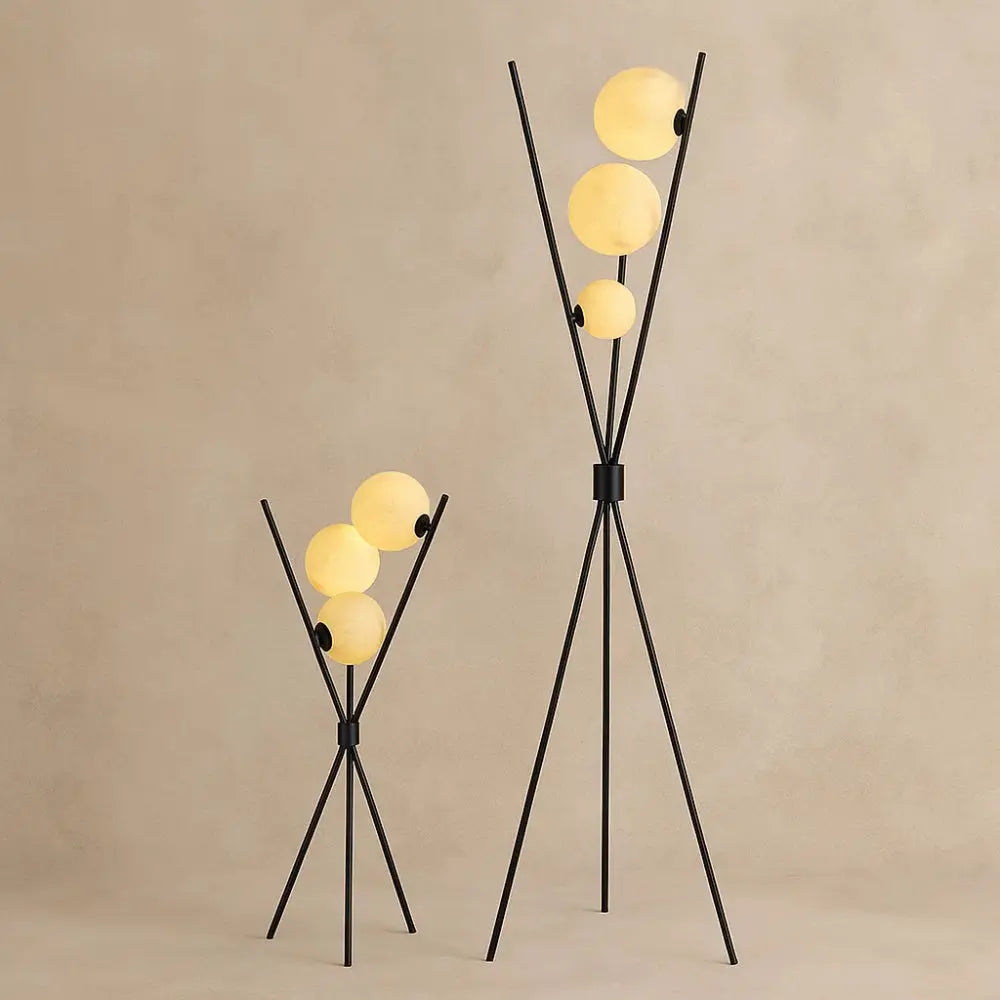 Unnra tripod lamp, three frosted glass spheres, packshot | Wickleigh