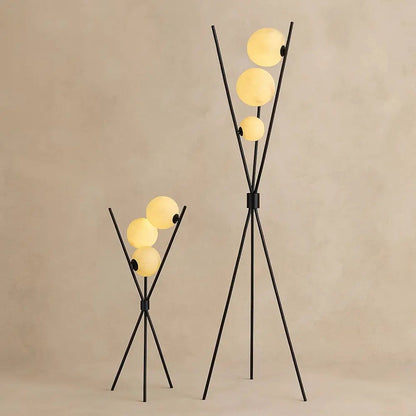 Unnra tripod lamp, three frosted glass spheres, packshot | Wickleigh