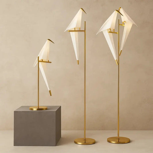 Eiwyn floor lamp, gilded folded-paper bird design, packshot | Wickleigh