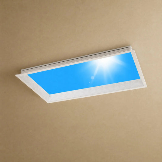 Wyrren flush ceiling light, sunlit blue sky effect, white aluminium frame | Wickleigh