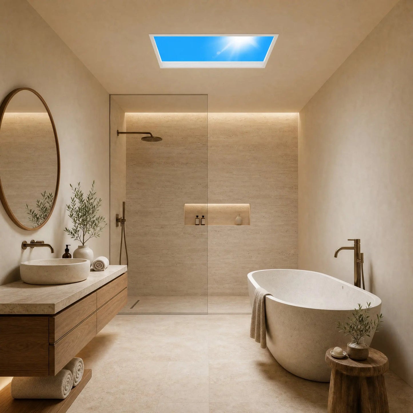 Wyrren blue sky ceiling light recessed into a spa-style bathroom ceiling | Wickleigh