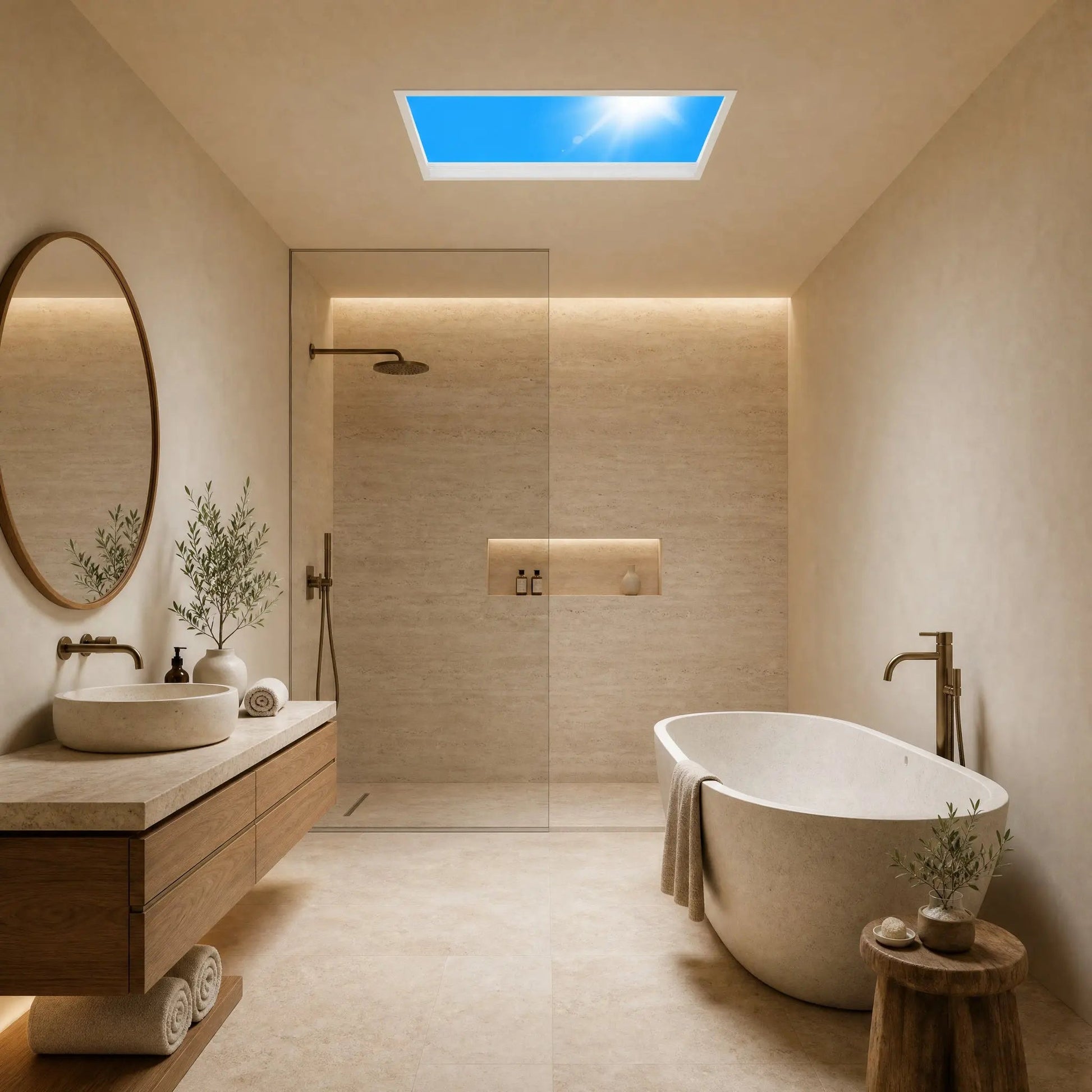 Wyrren blue sky ceiling light recessed into a spa-style bathroom ceiling | Wickleigh