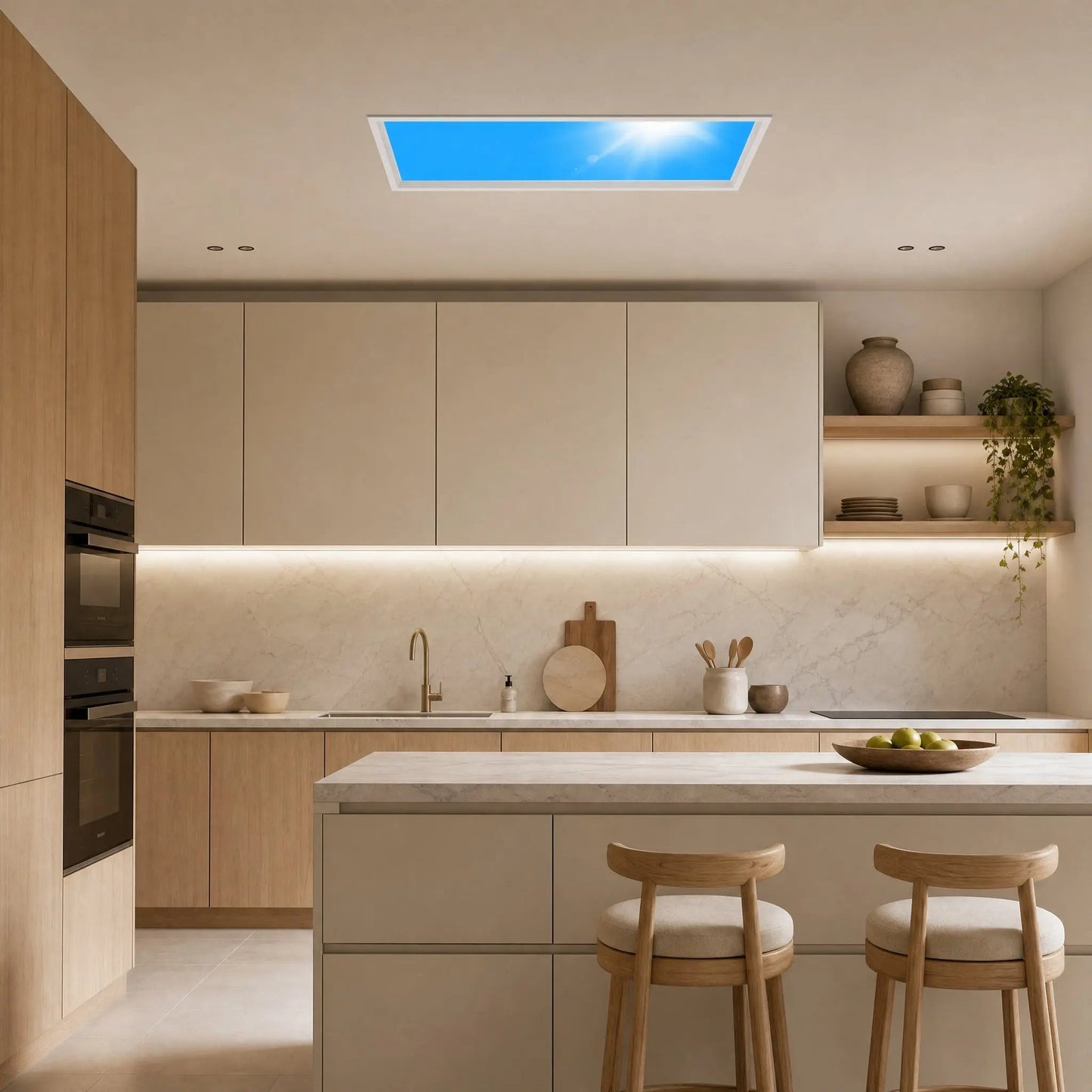 Wyrren blue sky effect LED ceiling light in a contemporary kitchen | Wickleigh