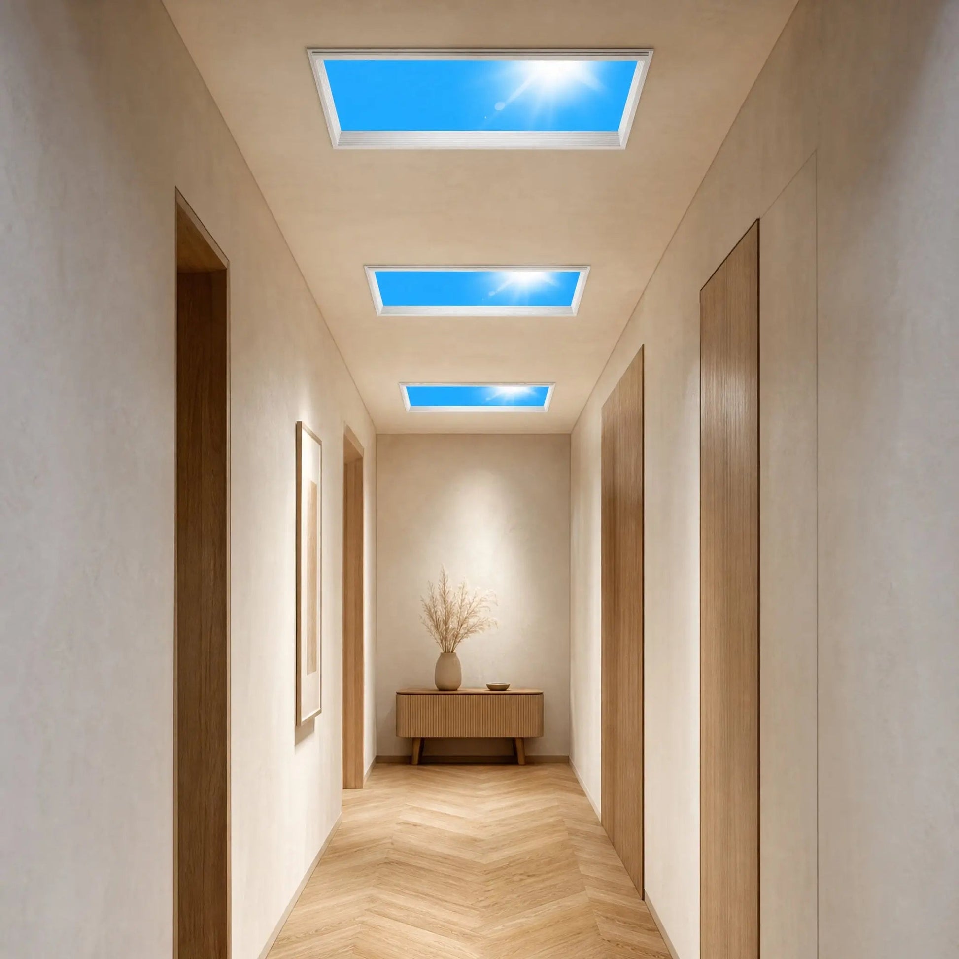 Three Wyrren blue sky ceiling lights aligned along a hallway ceiling | Wickleigh