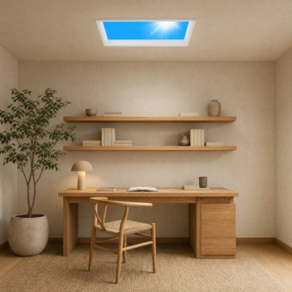 Wyrren blue sky ceiling light in a bright home office | Wickleigh