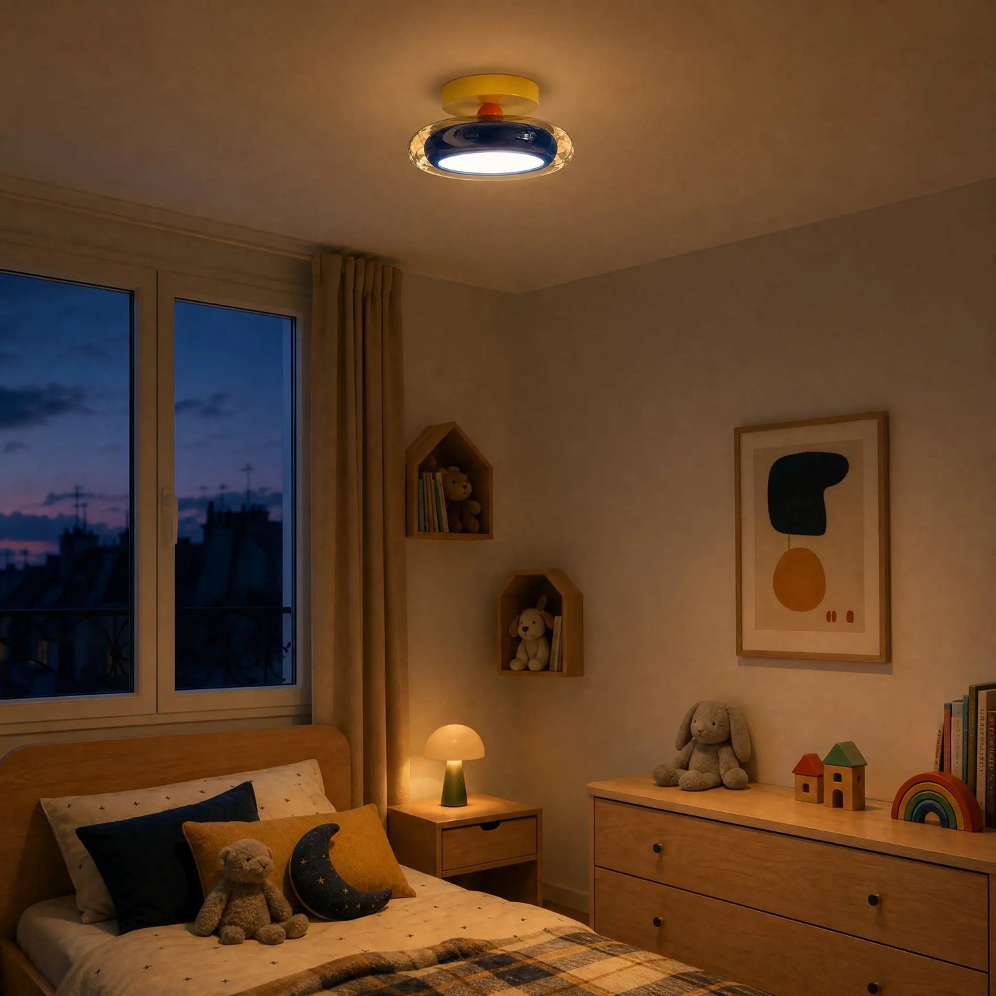 Aswyn ceiling light lit in the evening in a child's bedroom | Wickleigh