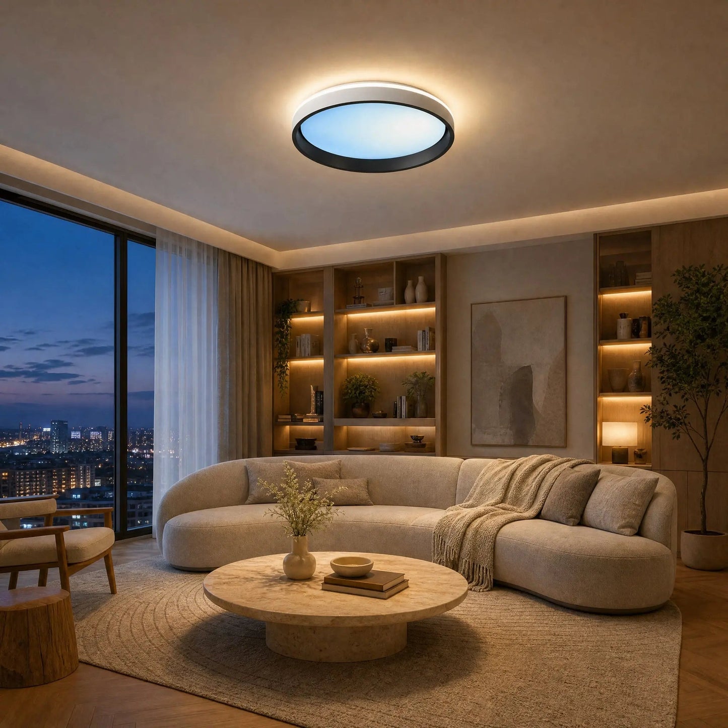 Kyrra ceiling light lit in blue sky mode in a contemporary sitting room | Wickleigh