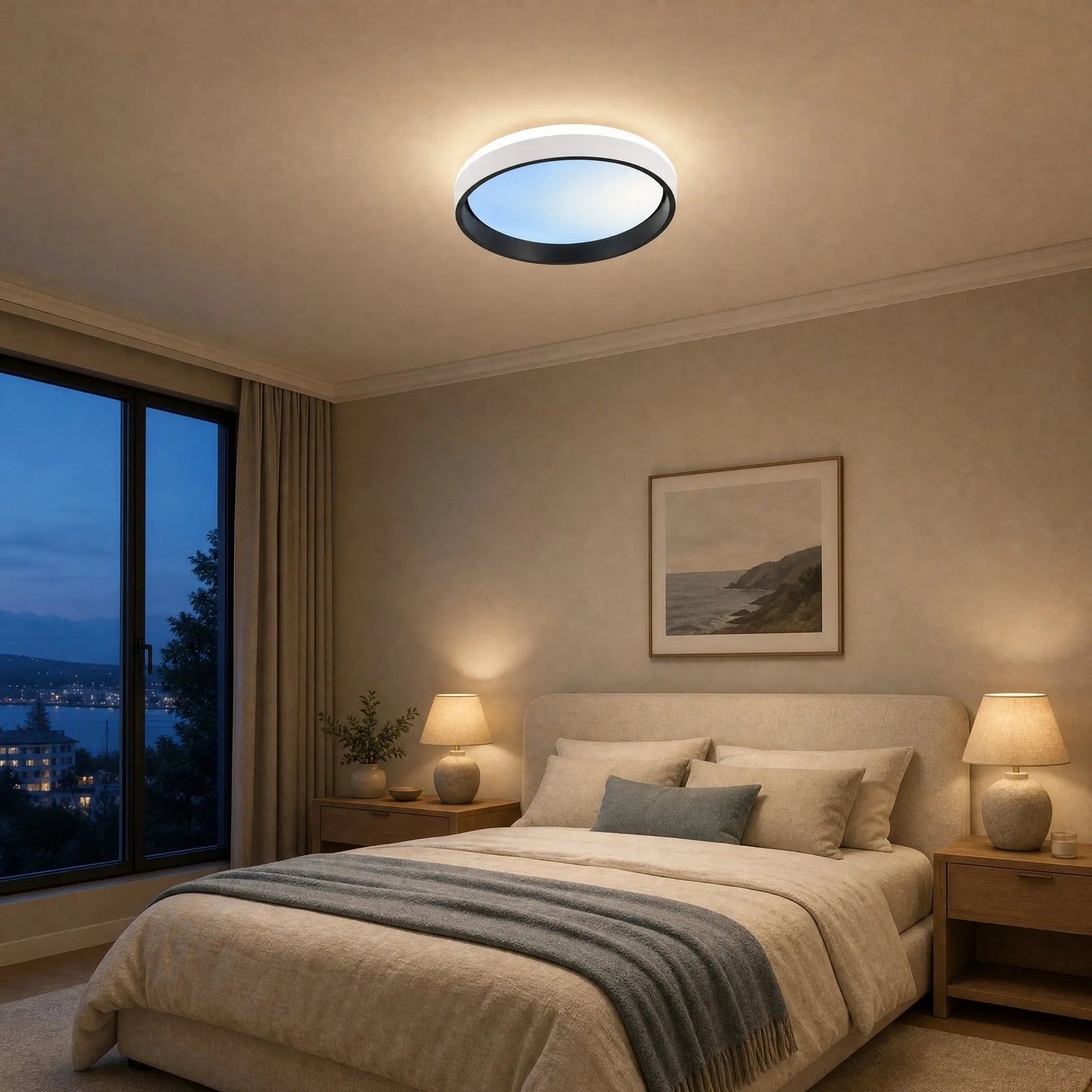 Kyrra ceiling light in calming blue sky mode in a bedroom | Wickleigh