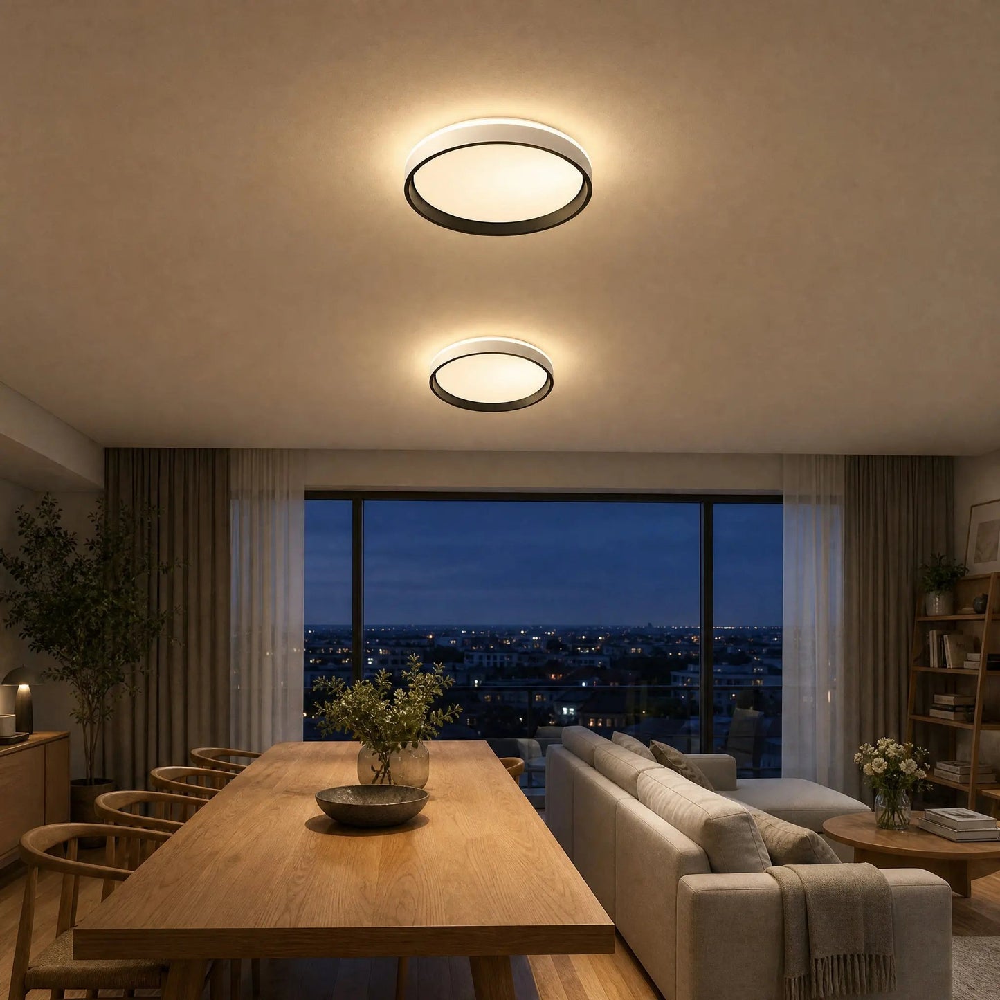 Two Kyrra ceiling lights aligned in an open-plan sitting room | Wickleigh