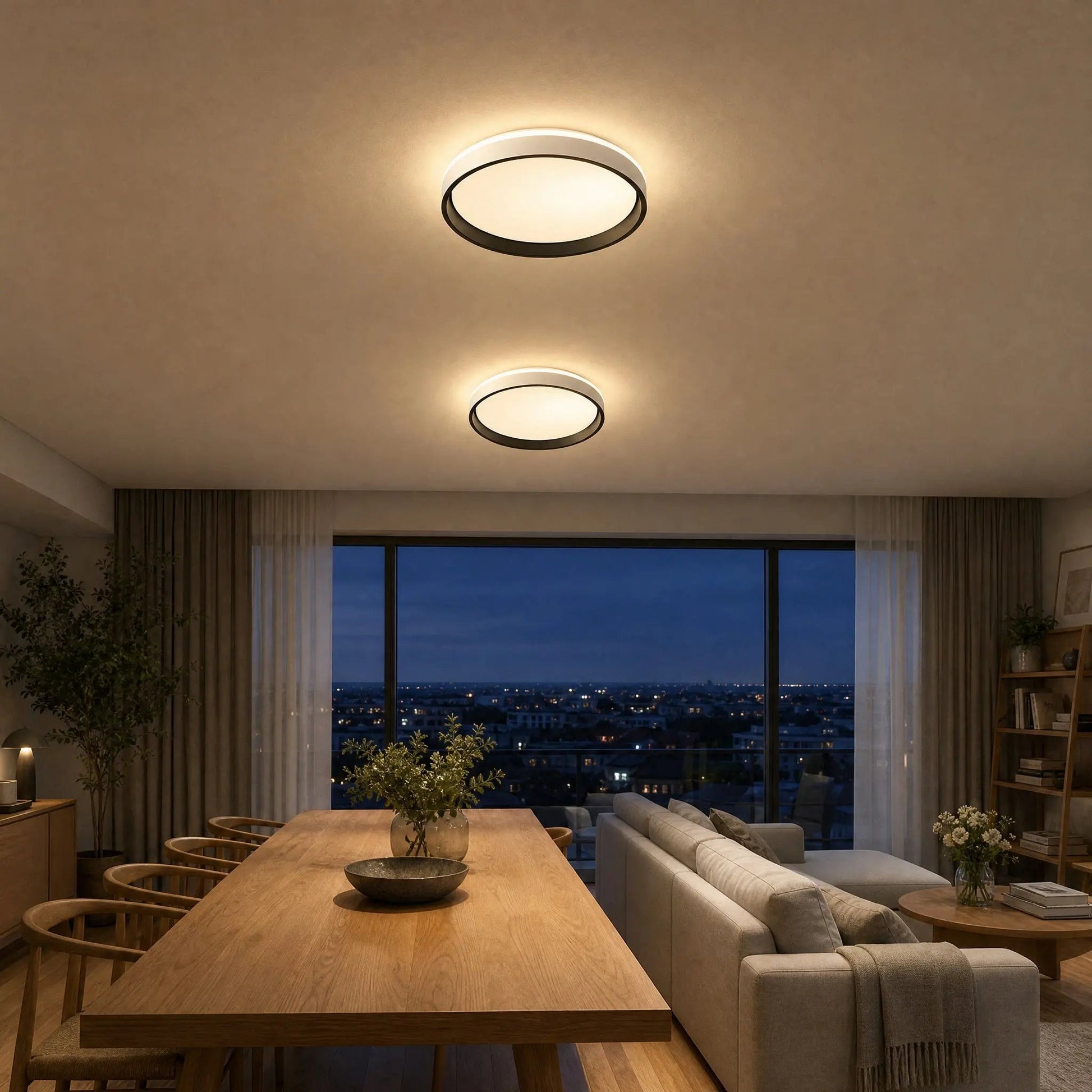 Two Kyrra ceiling lights aligned in an open-plan sitting room | Wickleigh