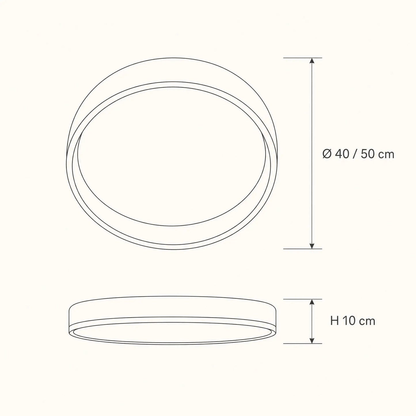 Kyrra ceiling light dimension diagram, Ø40 and 50 cm, 10 cm height | Wickleigh