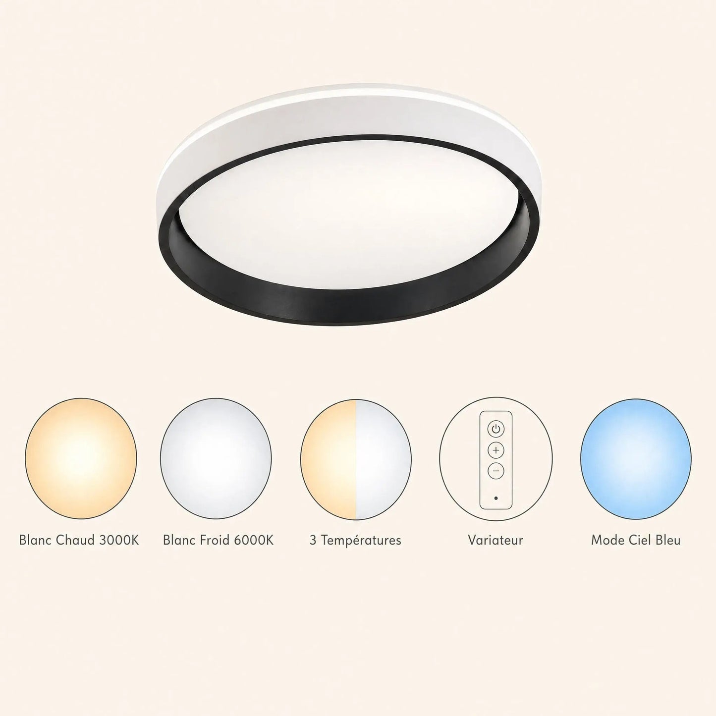 Kyrra ceiling light modes, warm to cool white, dimmer and blue sky mode | Wickleigh