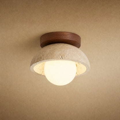 Melna hallway ceiling light in yellow travertine and walnut, opal globe lit | Wickleigh