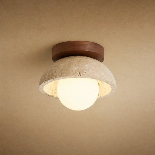 Melna hallway ceiling light in yellow travertine and walnut, opal globe lit | Wickleigh