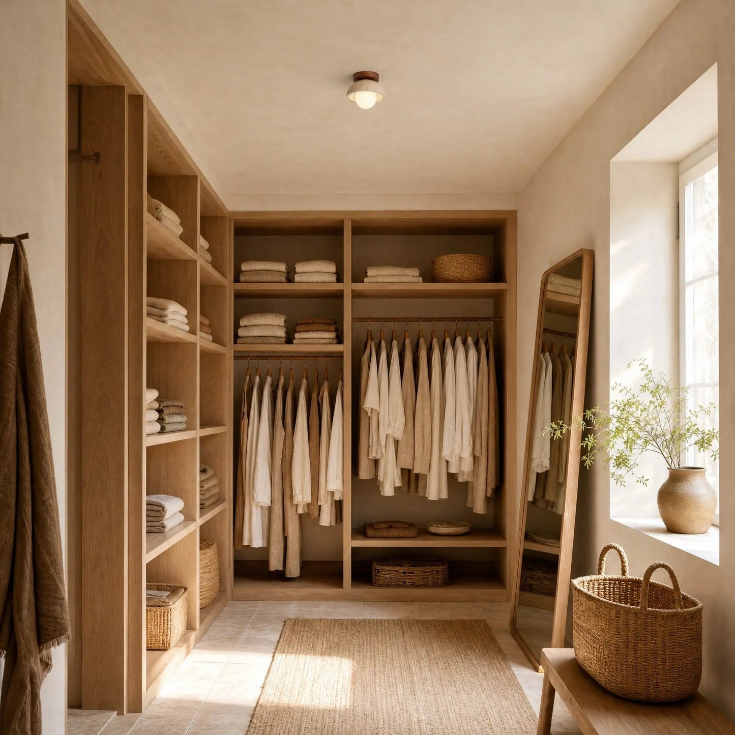 Melna travertine ceiling light in a light oak dressing room in natural light | Wickleigh