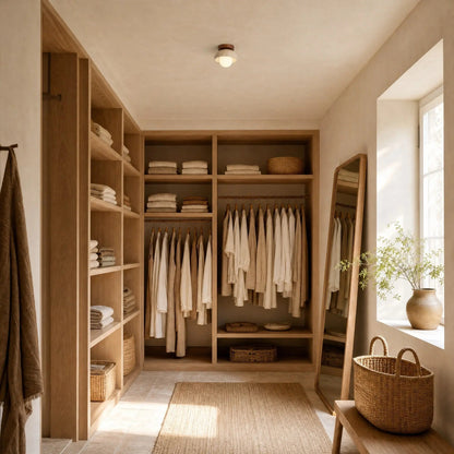 Melna travertine ceiling light in a light oak dressing room in natural light | Wickleigh