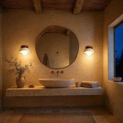 Pair of Melna travertine wall lights framing a bathroom mirror at dusk | Wickleigh
