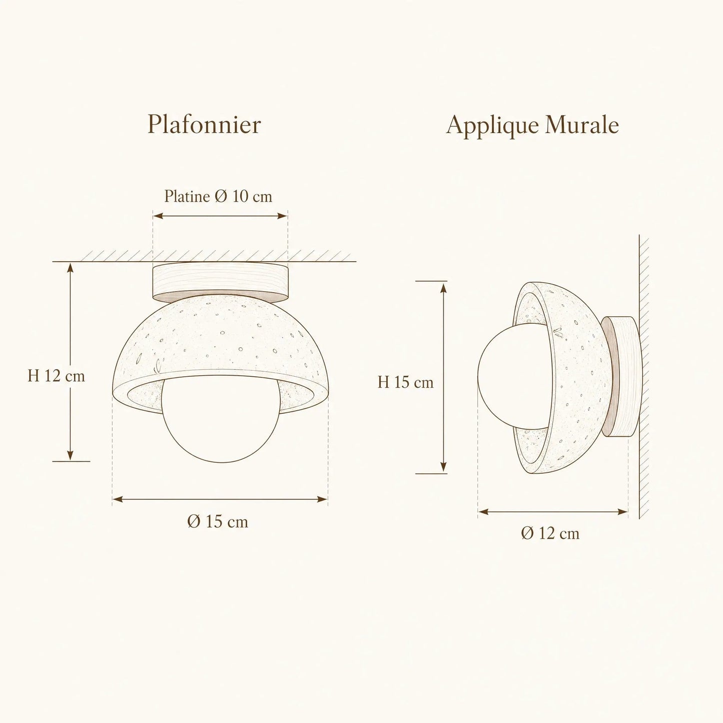 Melna light fitting dimension diagram: ceiling Ø15 cm H12 cm, wall light Ø12 cm H15 cm | Wickleigh