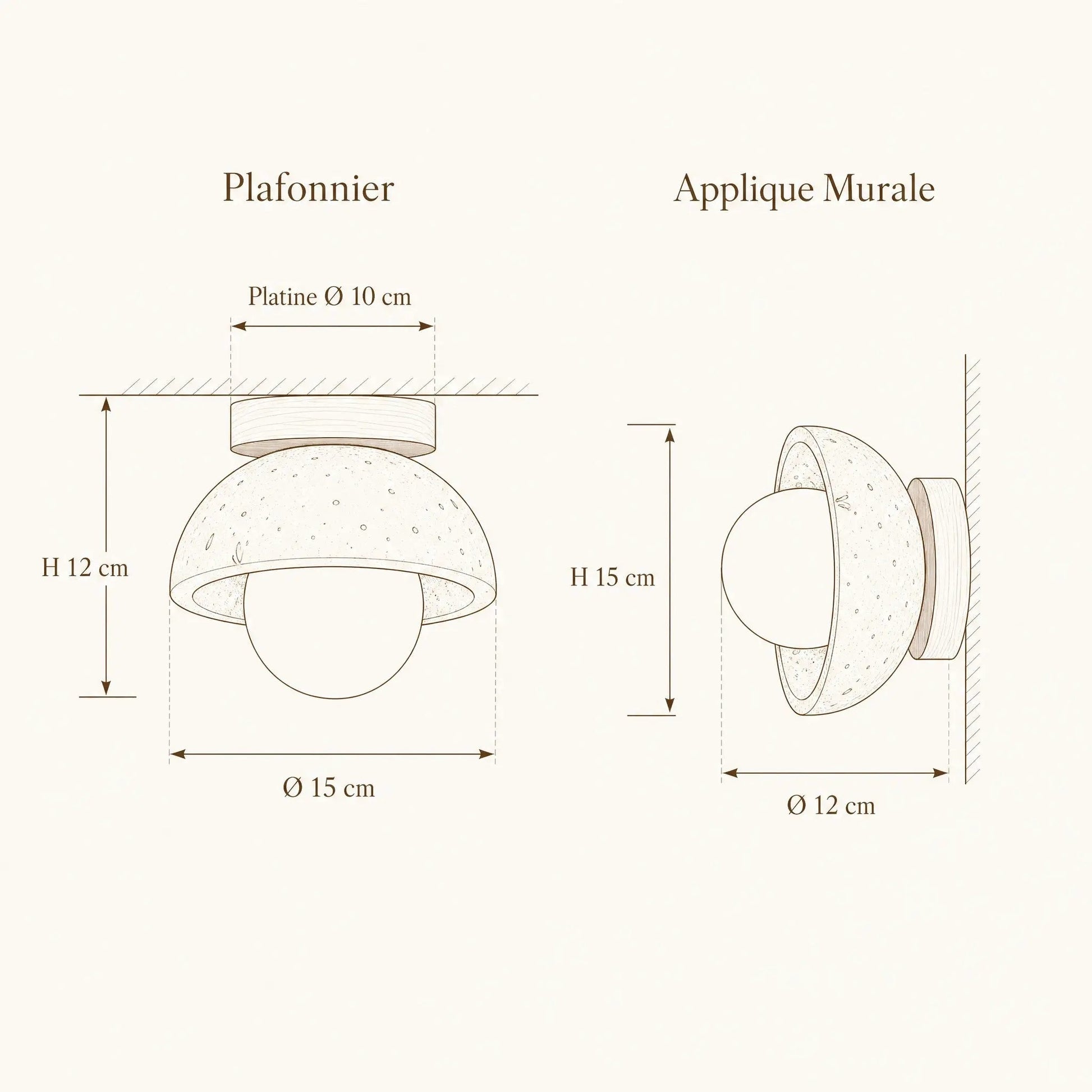 Melna light fitting dimension diagram: ceiling Ø15 cm H12 cm, wall light Ø12 cm H15 cm | Wickleigh