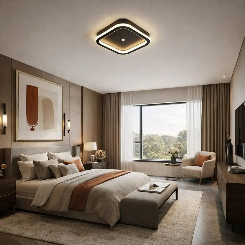 Toren motion sensor LED flush ceiling light, geometric silhouette, packshot | Wickleigh