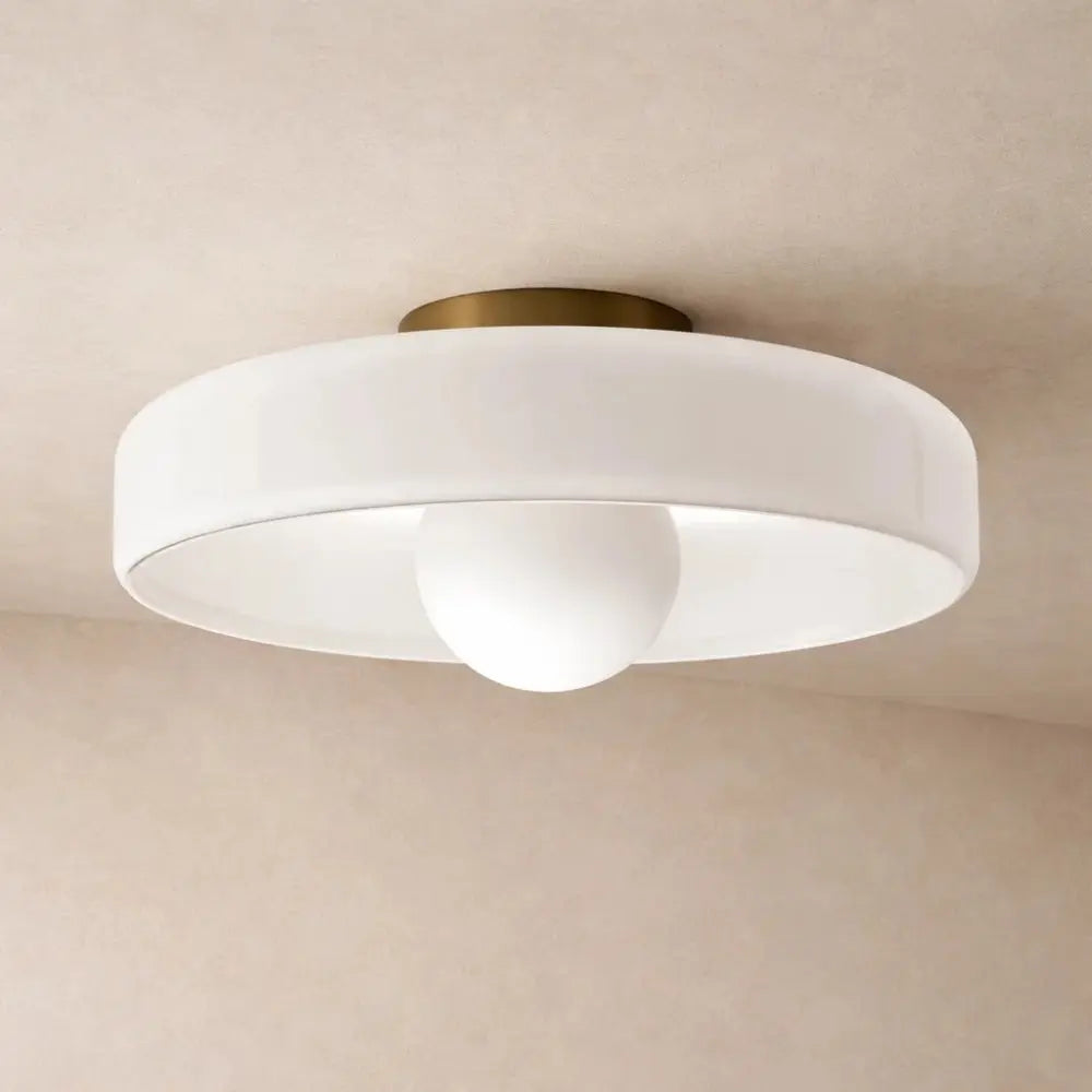 Myrren flush ceiling light, glass globe and iron disc, packshot | Wickleigh