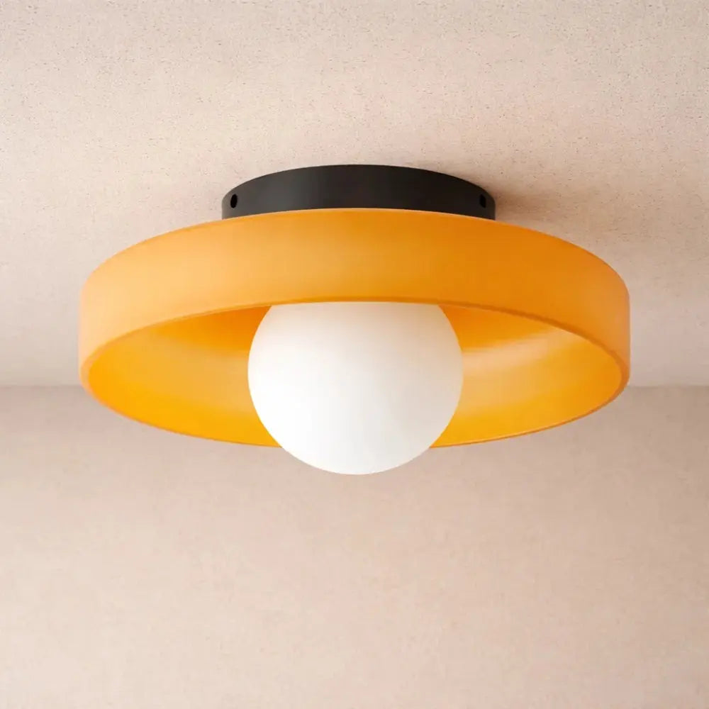 Myrren flush ceiling light, glass globe and iron disc, packshot | Wickleigh