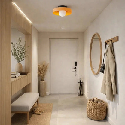 Myrren flush ceiling light, glass globe and iron disc, packshot | Wickleigh