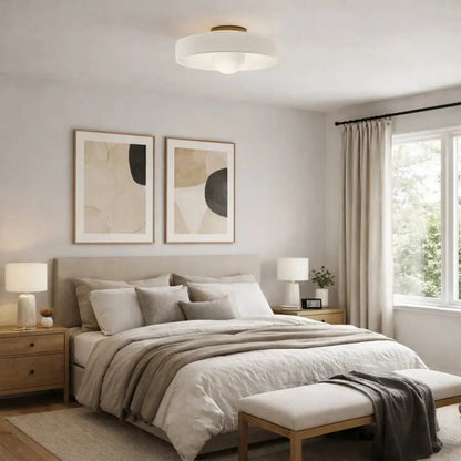 Myrren flush ceiling light, glass globe and iron disc, packshot | Wickleigh