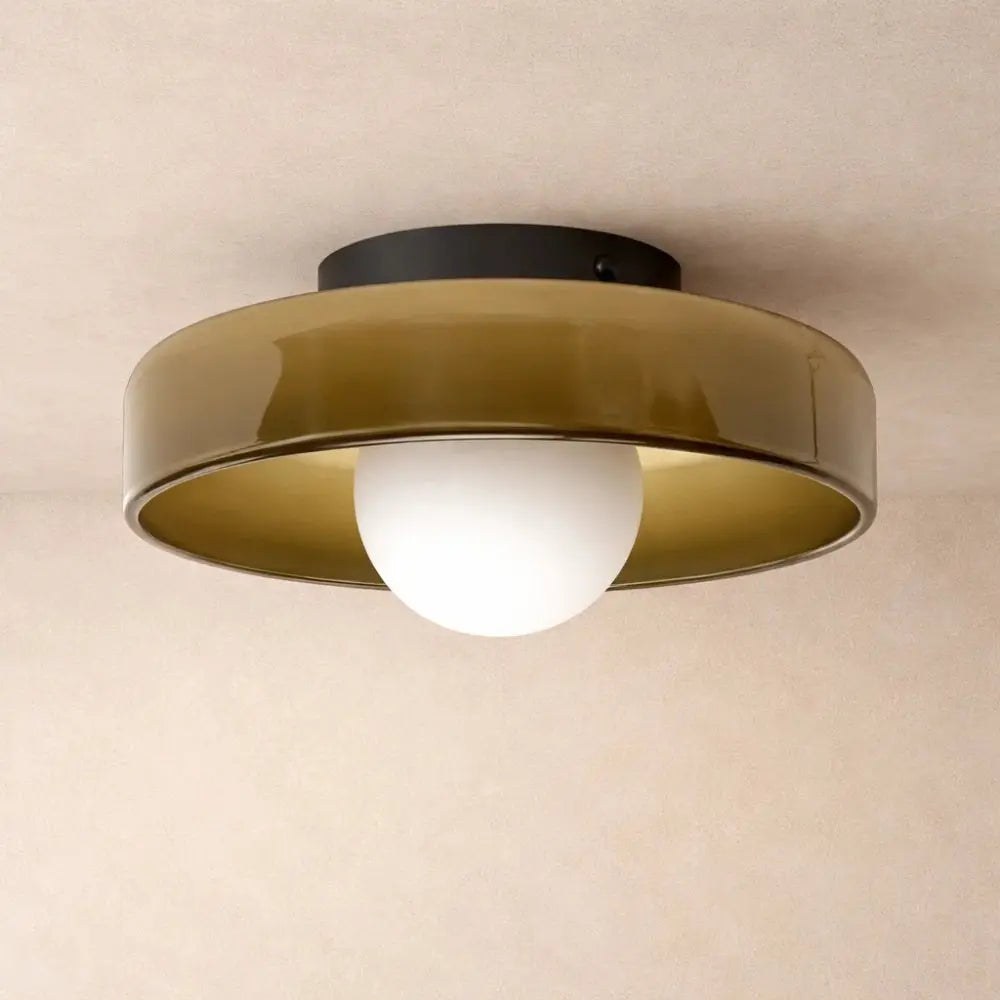 Myrren flush ceiling light, glass globe and iron disc, packshot | Wickleigh