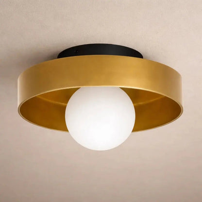 Myrren flush ceiling light, glass globe and iron disc, packshot | Wickleigh