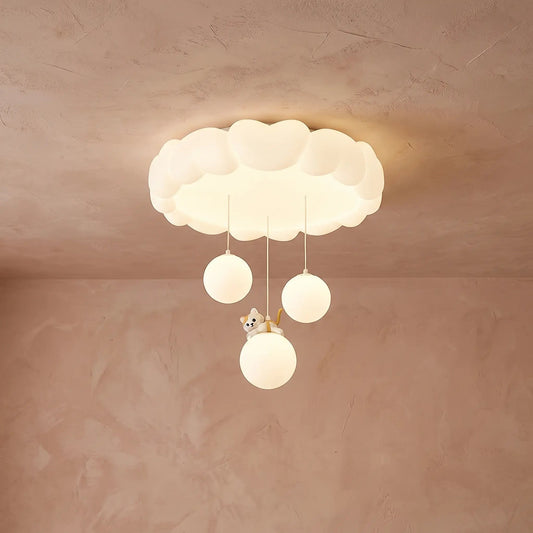 Sennra clouds ceiling light, installed and lit, pink-beige plaster background | Wickleigh