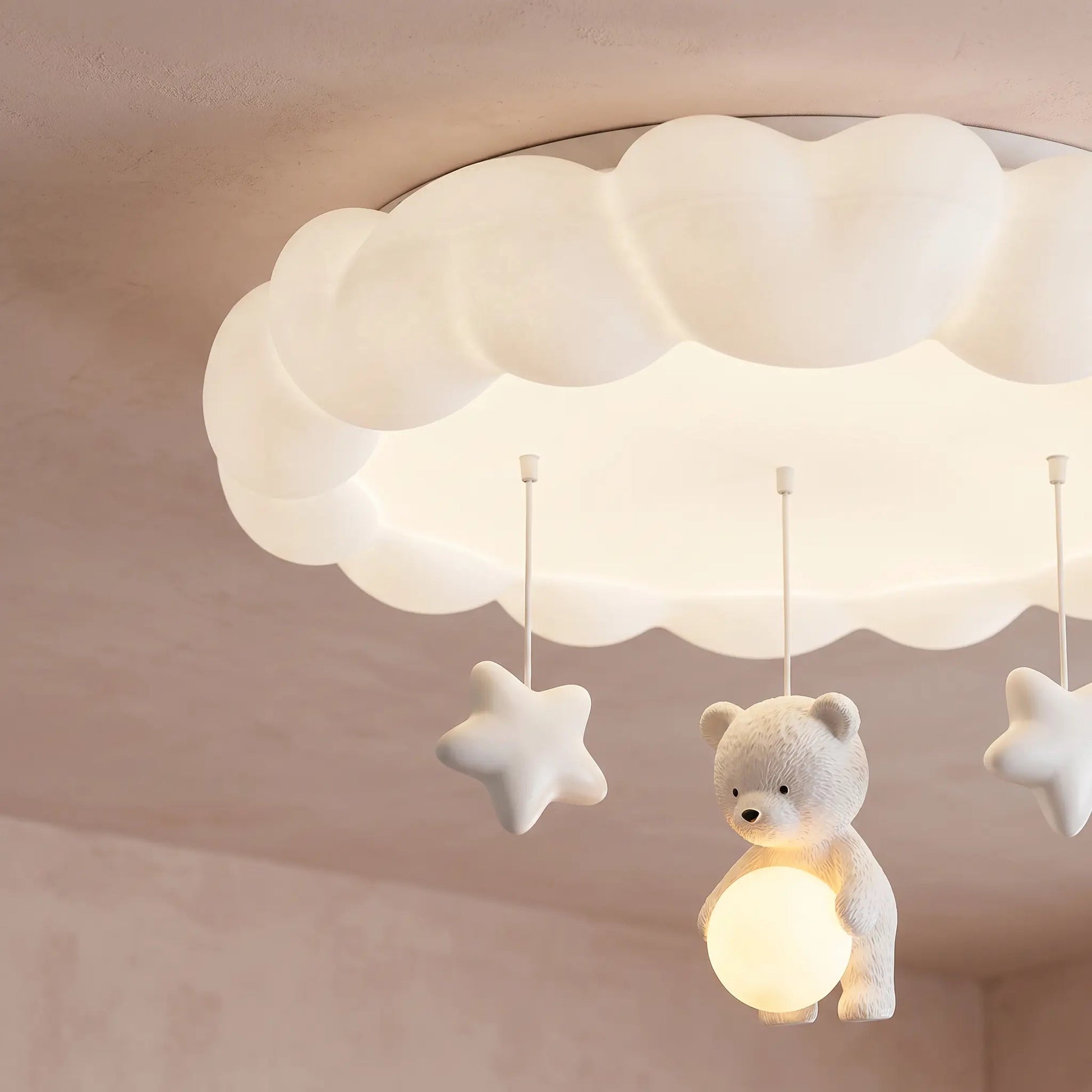 Sennra ceiling light, detail of hanging stars and bear figure under the lit cloud | Wickleigh