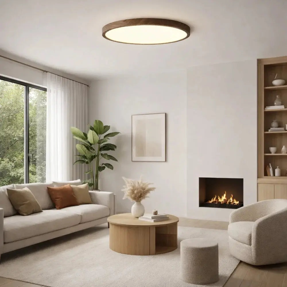 Ulsen round ceiling light, slim wood-effect ring, packshot | Wickleigh