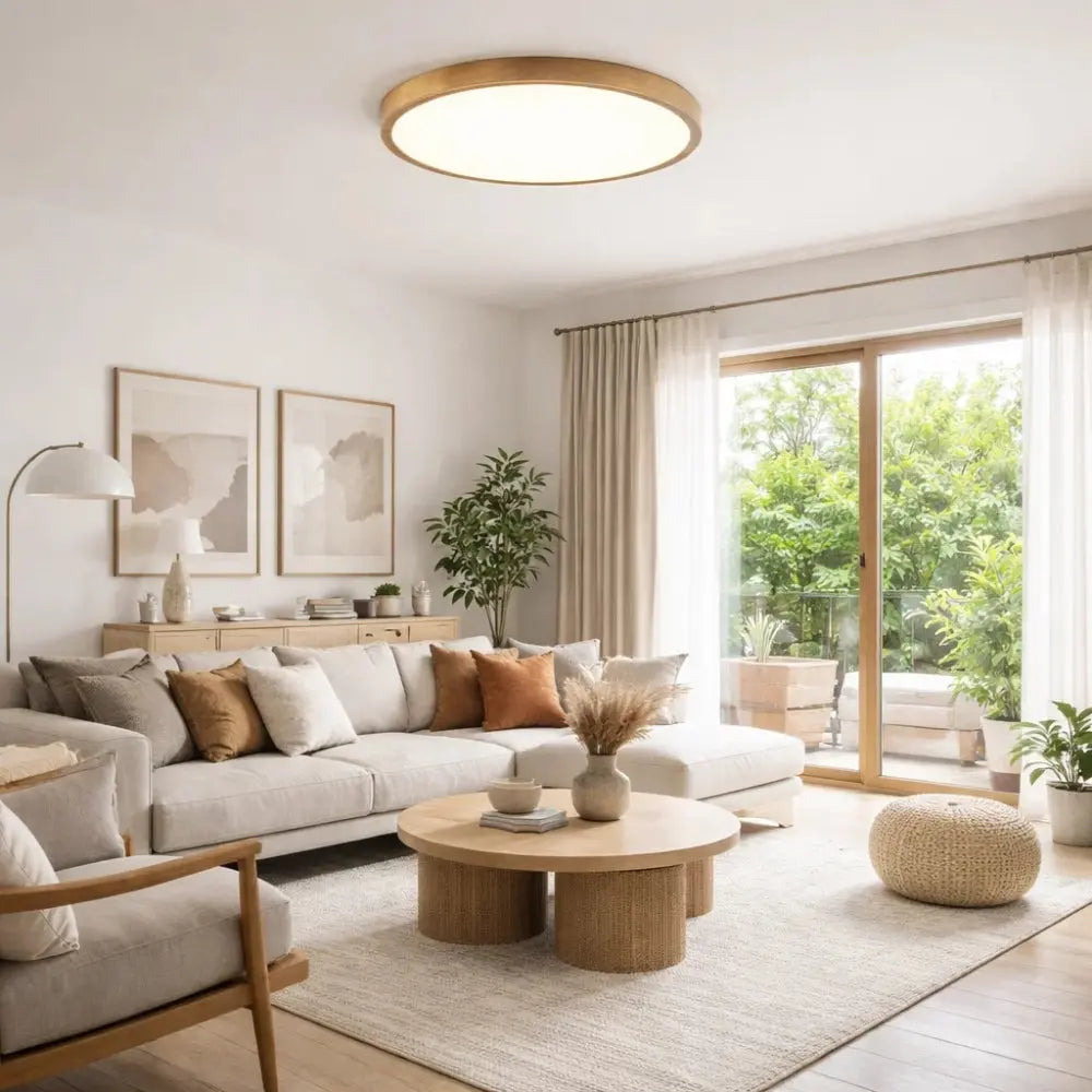 Ulsen round ceiling light, slim wood-effect ring, packshot | Wickleigh