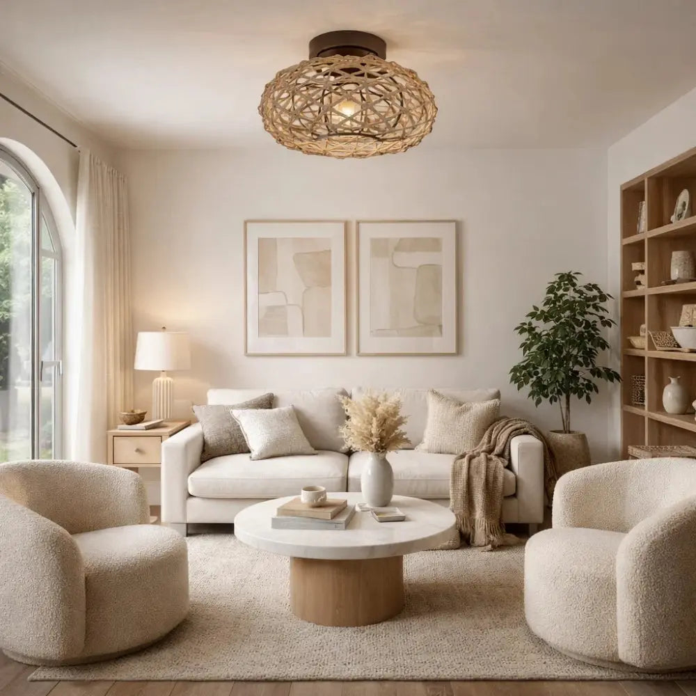 Kolra rattan ceiling light, woven coastal sphere, packshot | Wickleigh