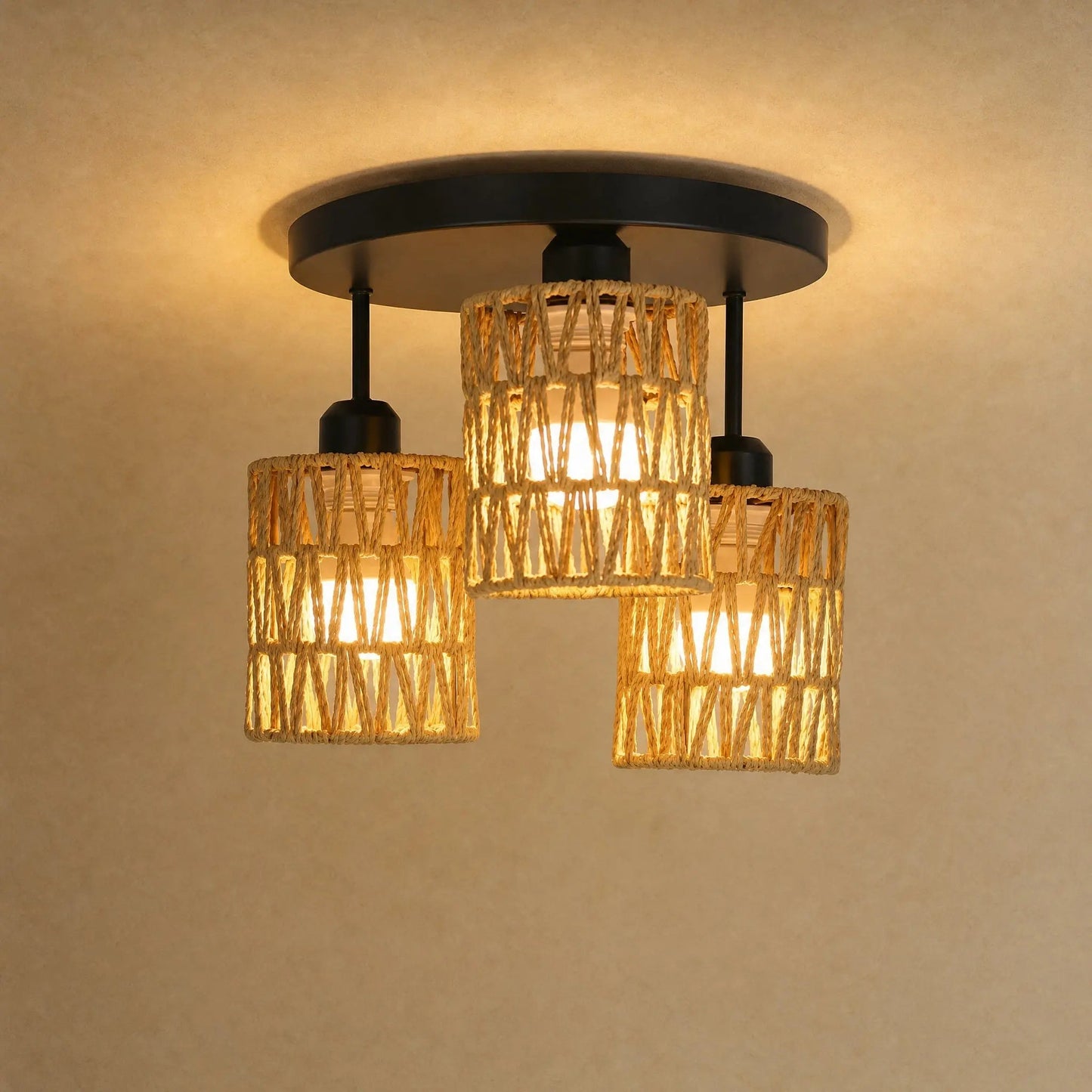 Quenna semi-flush ceiling light, three woven paper cord shades, golden light | Wickleigh